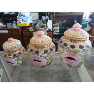 3- Hand Painted Glass Canister Jars Vintage With Lid Hand Painted Pink Flowers